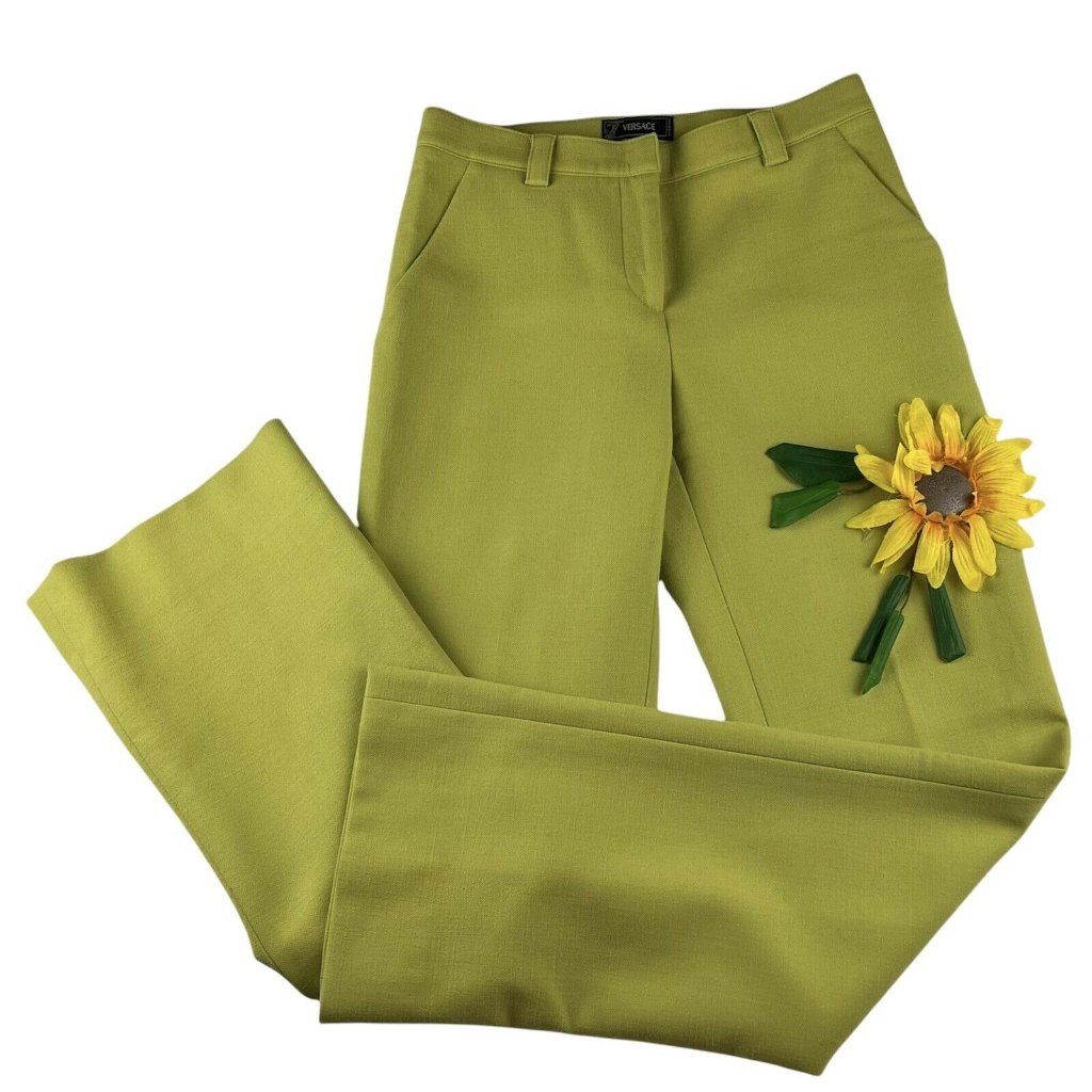Gianni Versace Wool Vintage 90s Green Straight Leg Trousers 38 It 2 Us